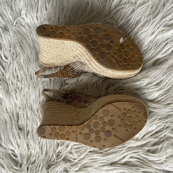 JIMMY CHOO Calfskin Snake Print Embossed Polar Beige Espadrille Sandal Wedges 37 - Picture 8 of 11